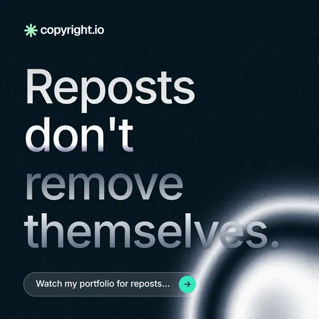 Instagram post for copyright.io: "Reposts don't remove themselves." Agentic glass style, poster layout, dark palette in black, grey.