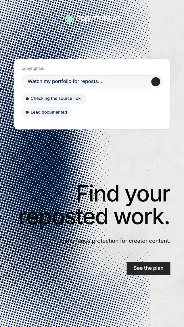 Instagram story for copyright.io: "Find your reposted work." Swiss style, right layout, light palette in grey, blue, white.