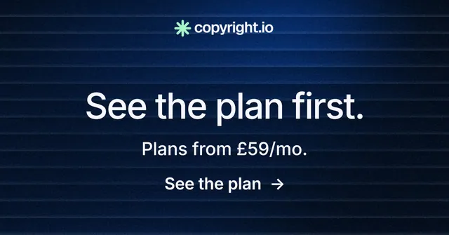 Social ad for copyright.io: "See the plan first." Minimal luxury style, skeleton layout, dark palette in blue, black.