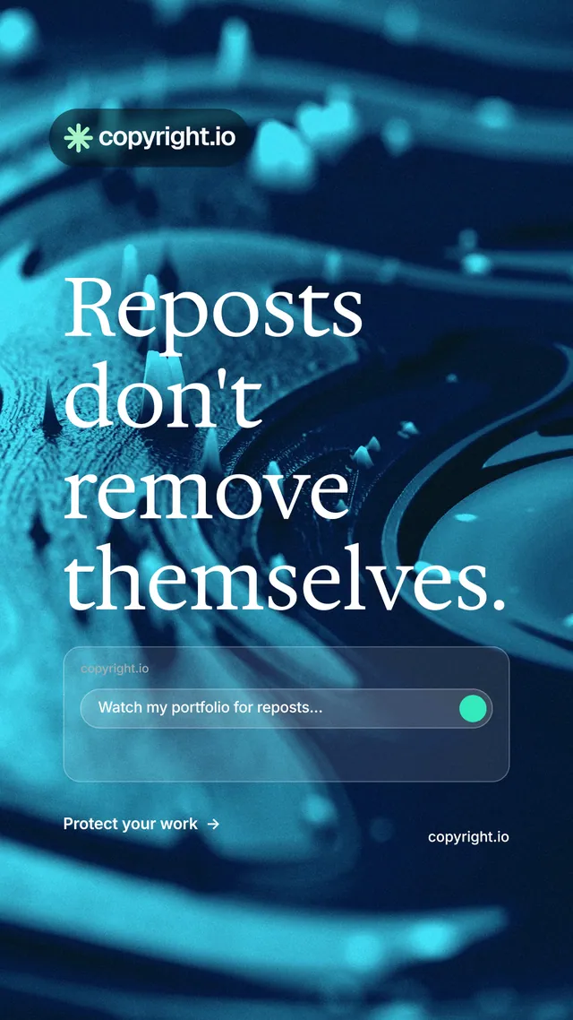 Instagram story for copyright.io: "Reposts don't remove themselves." Minimal luxury style, poster layout, dark palette in black, blue, teal.