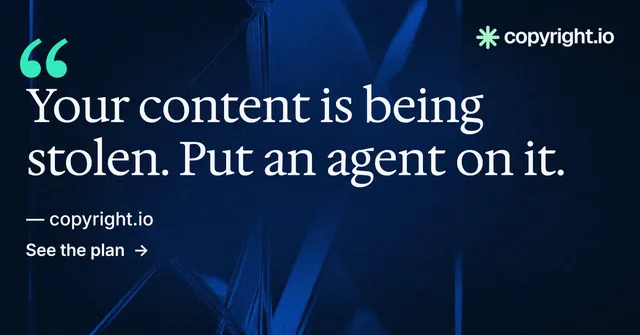 Social ad for copyright.io: "Continuous protection for creators." Minimal luxury style, quote layout, dark palette in blue, black.