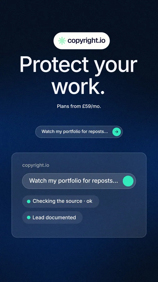 Instagram story for copyright.io: "Protect your work." Agentic glass style, centred layout, dark palette in black, blue, grey.