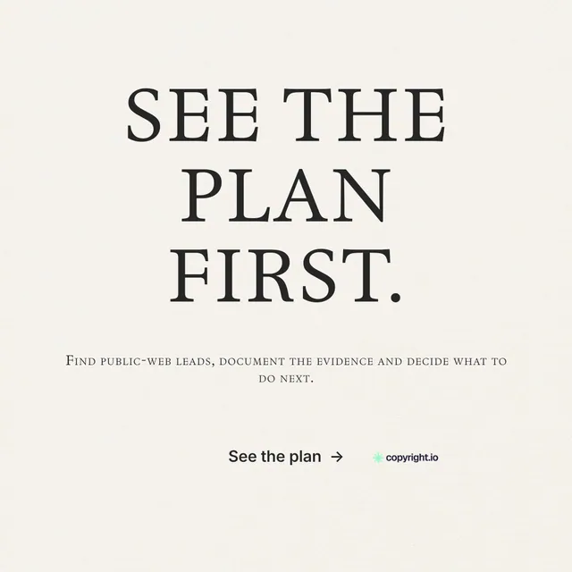 Instagram post for copyright.io: "See the plan first." Editorial style, smallcaps layout, light palette in white, grey.