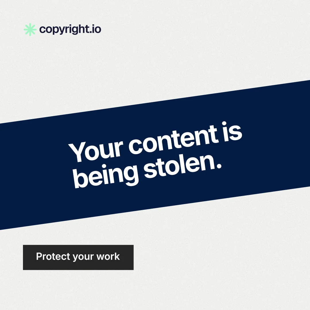 Instagram post for copyright.io: "Your content is being stolen." Swiss style, diagonal layout, light palette in white, blue.