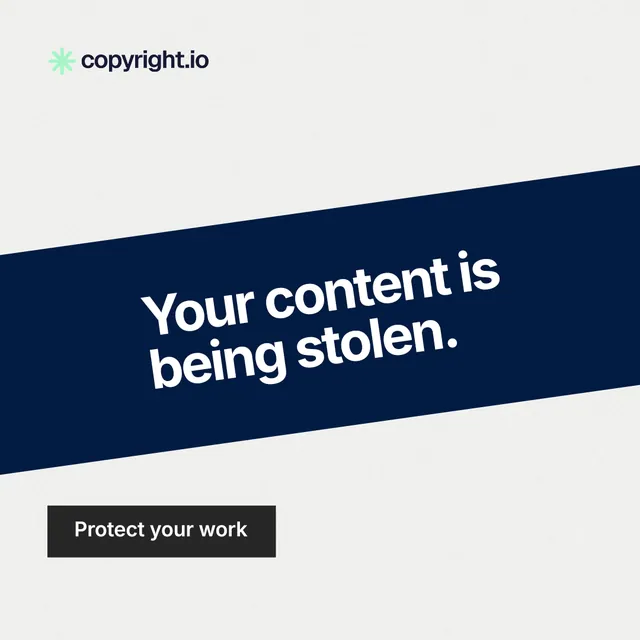 Instagram post for copyright.io: "Your content is being stolen." Swiss style, diagonal layout, light palette in white, blue.