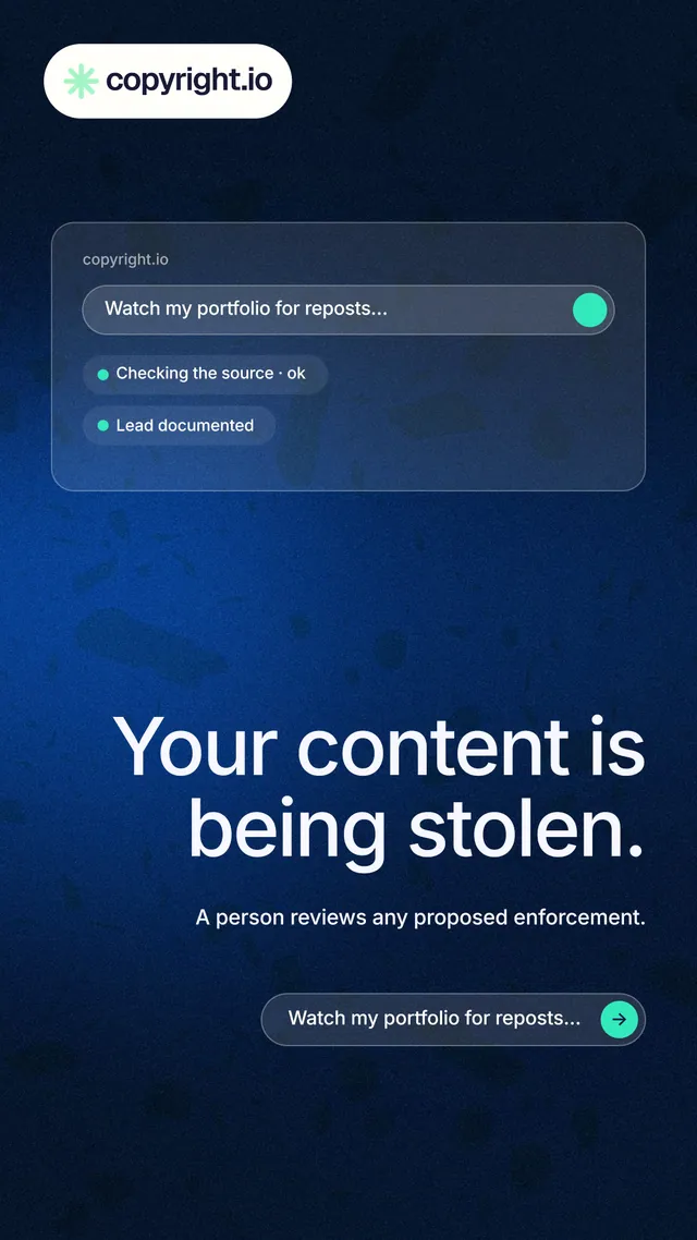 Instagram story for copyright.io: "Your content is being stolen." Agentic glass style, right layout, dark palette in blue, black.