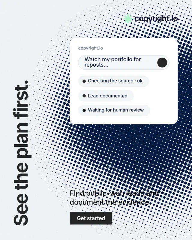 Instagram portrait post for copyright.io: "See the plan first." Swiss style, vertical layout, light palette in white, blue, grey.
