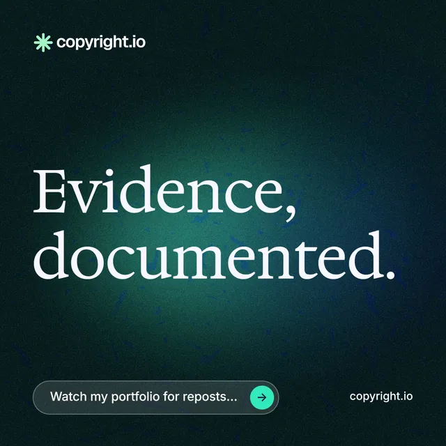 Instagram post for copyright.io: "Evidence, documented." Agentic glass style, poster layout, dark palette in teal, black.