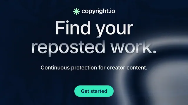 Landscape graphic for copyright.io: "Find your reposted work." Y2K style, centred layout, dark palette in black, grey.