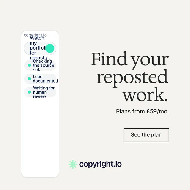 Instagram post for copyright.io: "Find your reposted work." Editorial style, right layout, light palette in white, grey.