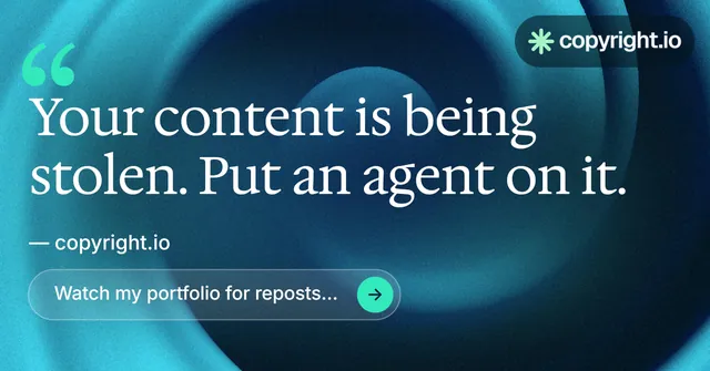 Social ad for copyright.io: "Evidence, documented." Agentic glass style, quote layout, dark palette in blue, black, teal.
