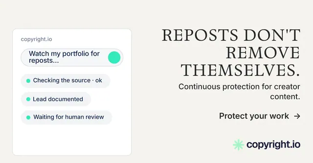 Social ad for copyright.io: "Reposts don't remove themselves." Minimal luxury style, right layout, light palette in white, grey.