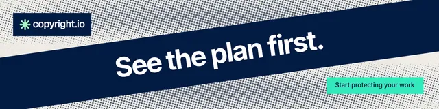 LinkedIn banner for copyright.io: "See the plan first." Swiss style, diagonal layout, dark palette in blue, grey, teal.