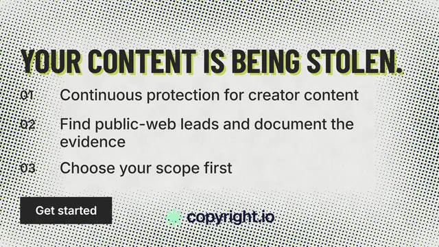 Landscape graphic for copyright.io: "Your content is being stolen." Retro print style, numbered layout, light palette in grey, white.