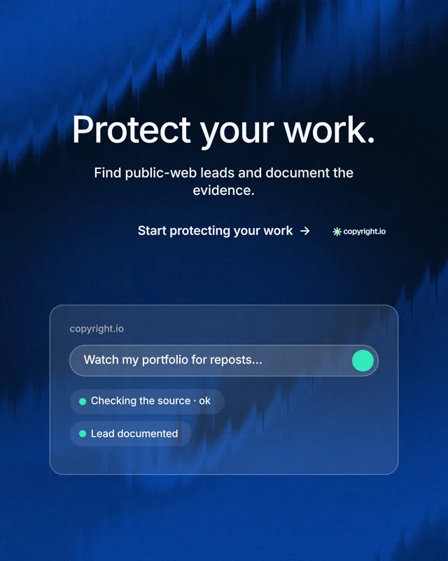 Instagram portrait post for copyright.io: "Protect your work." Minimal luxury style, centred layout, dark palette in black, blue.