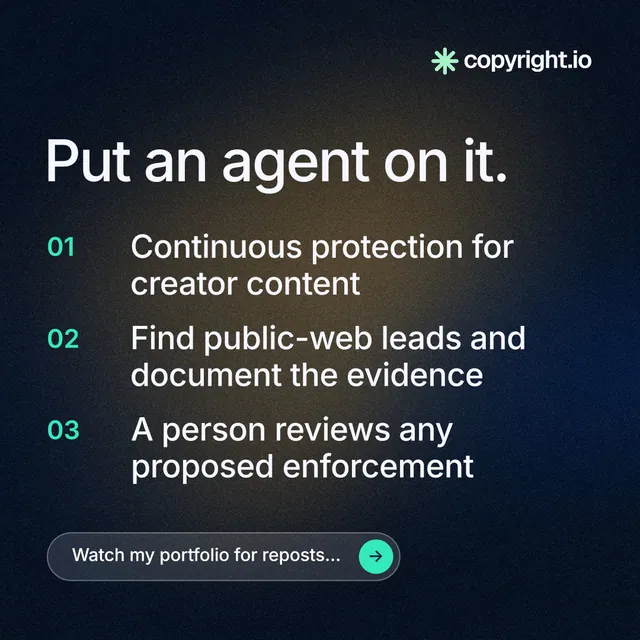 Instagram post for copyright.io: "Put an agent on it." Agentic glass style, numbered layout, dark palette in black, grey.