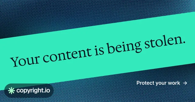 Social ad for copyright.io: "Your content is being stolen." Minimal luxury style, diagonal layout, light palette in teal, blue.