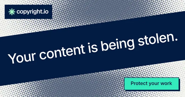 Social ad for copyright.io: "Your content is being stolen." Brutalist style, diagonal layout, dark palette in blue, grey, teal.