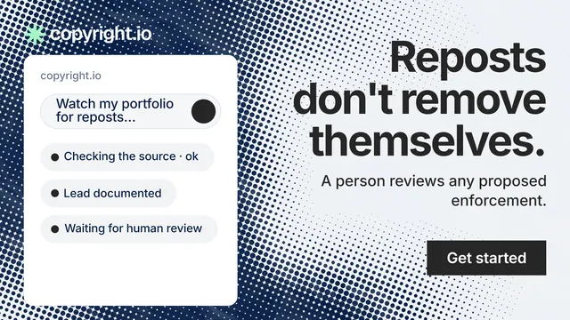 Landscape graphic for copyright.io: "Reposts don't remove themselves." Swiss style, right layout, light palette in white, grey.