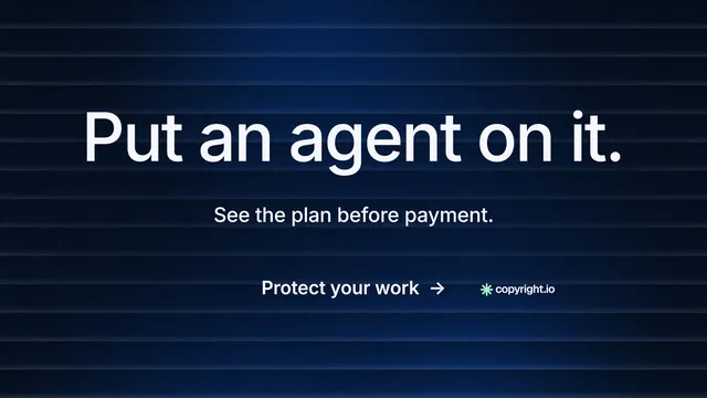 Landscape graphic for copyright.io: "Put an agent on it." Minimal luxury style, centred layout, dark palette in black, blue.