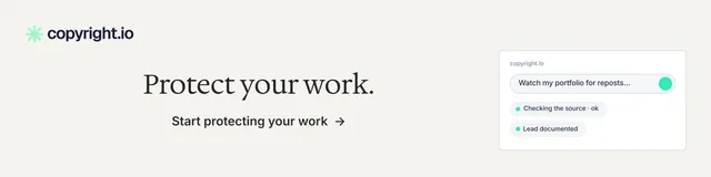 LinkedIn banner for copyright.io: "Protect your work." Minimal luxury style, skeleton layout, light palette in white, grey.