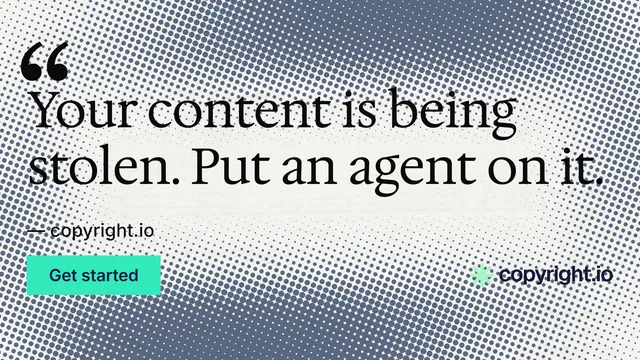 Landscape graphic for copyright.io: "Your content is being stolen." Swiss style, quote layout, light palette in grey, white.