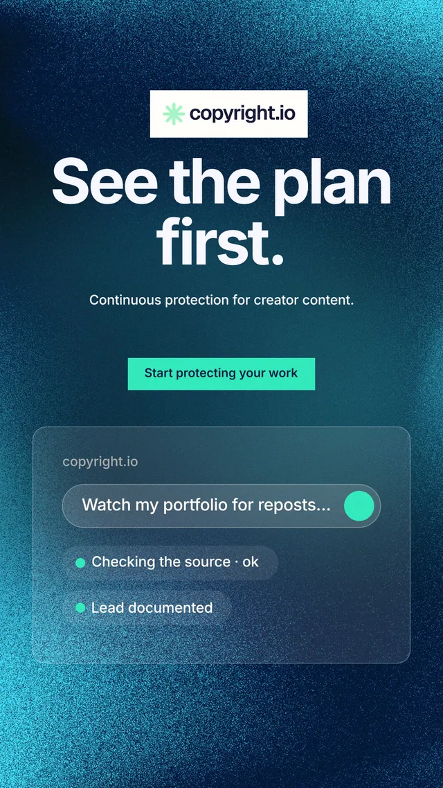 Instagram story for copyright.io: "See the plan first." Swiss style, centred layout, dark palette in blue, teal.