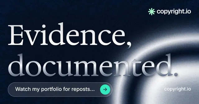 Social ad for copyright.io: "Evidence, documented." Agentic glass style, poster layout, dark palette in black, grey, blue.