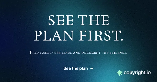 Social ad for copyright.io: "See the plan first." Agentic glass style, smallcaps layout, dark palette in blue, black, teal.