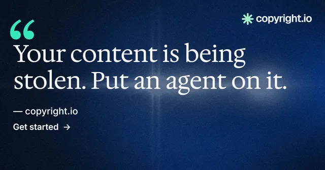 Social ad for copyright.io: "Continuous protection for creators." Minimal luxury style, quote layout, dark palette in blue, black, grey.