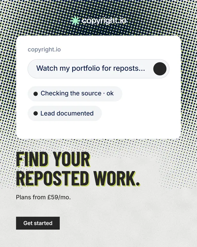 Instagram portrait post for copyright.io: "Find your reposted work." Retro print style, bottom layout, light palette in white, grey.