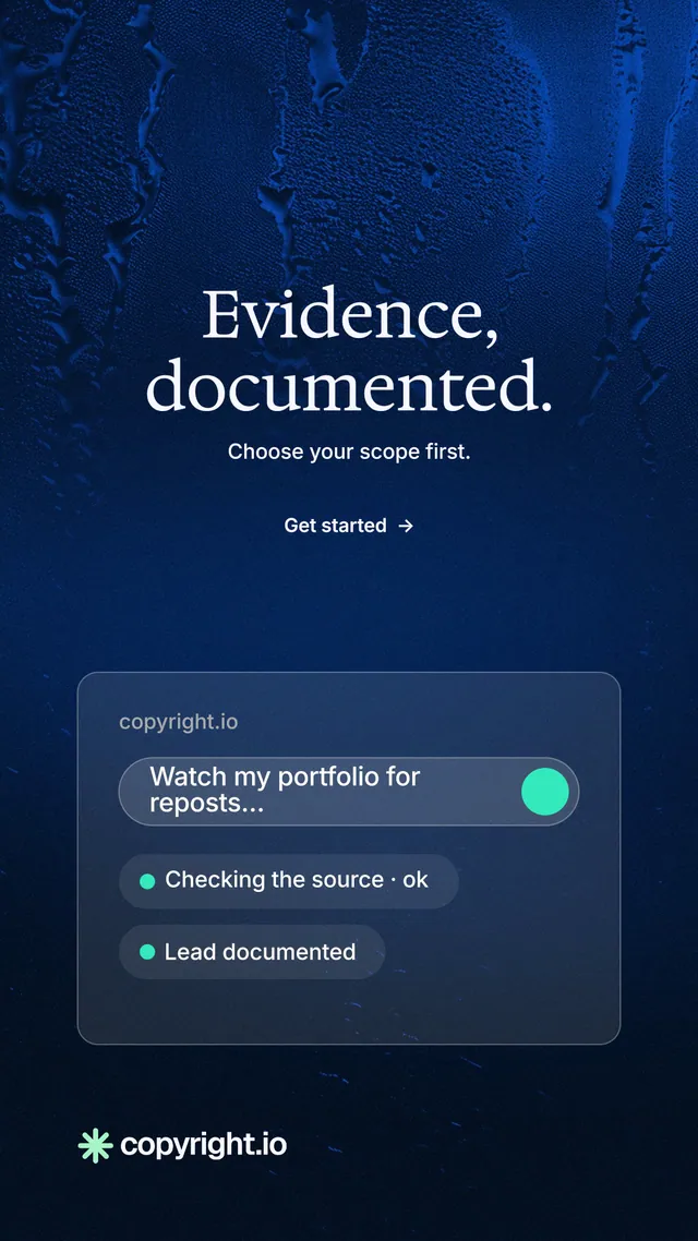 Instagram story for copyright.io: "Evidence, documented." Minimal luxury style, centred layout, dark palette in blue, black.