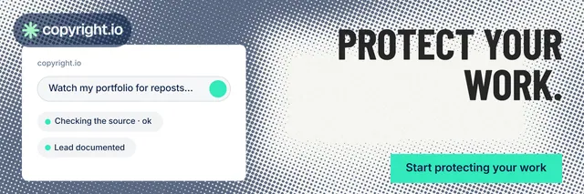 X header for copyright.io: "Protect your work." Retro print style, right layout, light palette in white, grey, teal.