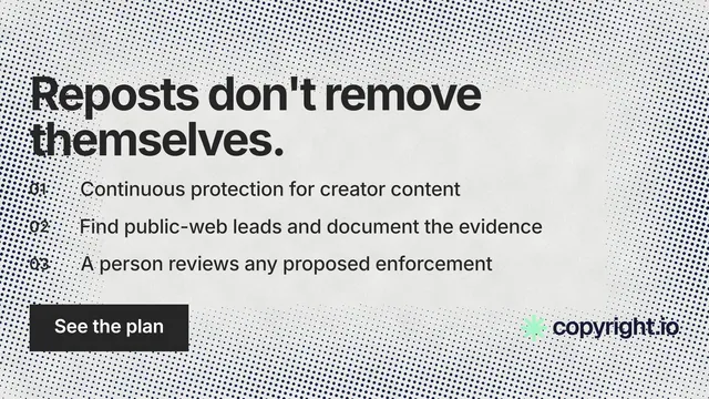 Landscape graphic for copyright.io: "Reposts don't remove themselves." Swiss style, numbered layout, light palette in grey, white.