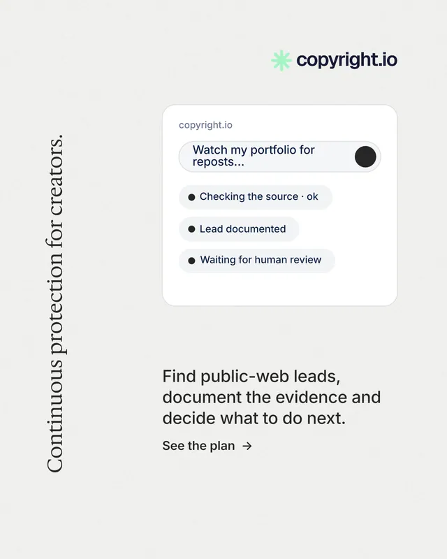Instagram portrait post for copyright.io: "Continuous protection for creators." Minimal luxury style, vertical layout, light palette in white.