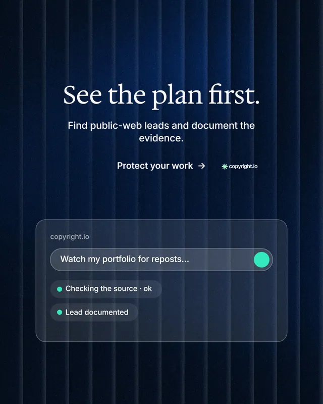 Instagram portrait post for copyright.io: "See the plan first." Minimal luxury style, centred layout, dark palette in black, blue.