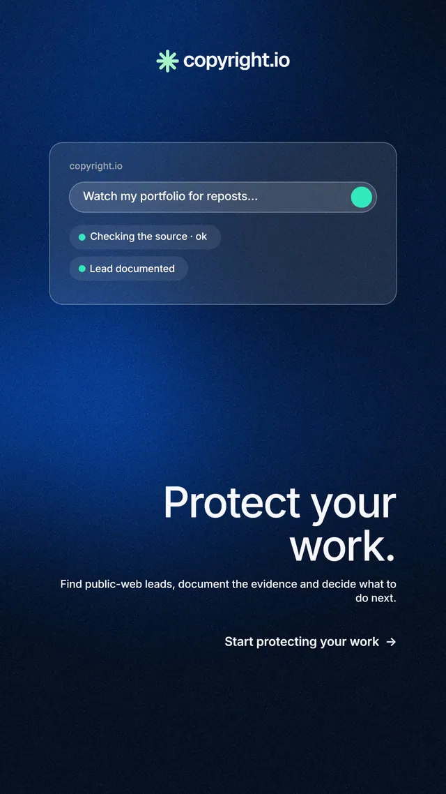 Instagram story for copyright.io: "Protect your work." Minimal luxury style, right layout, dark palette in black, blue.