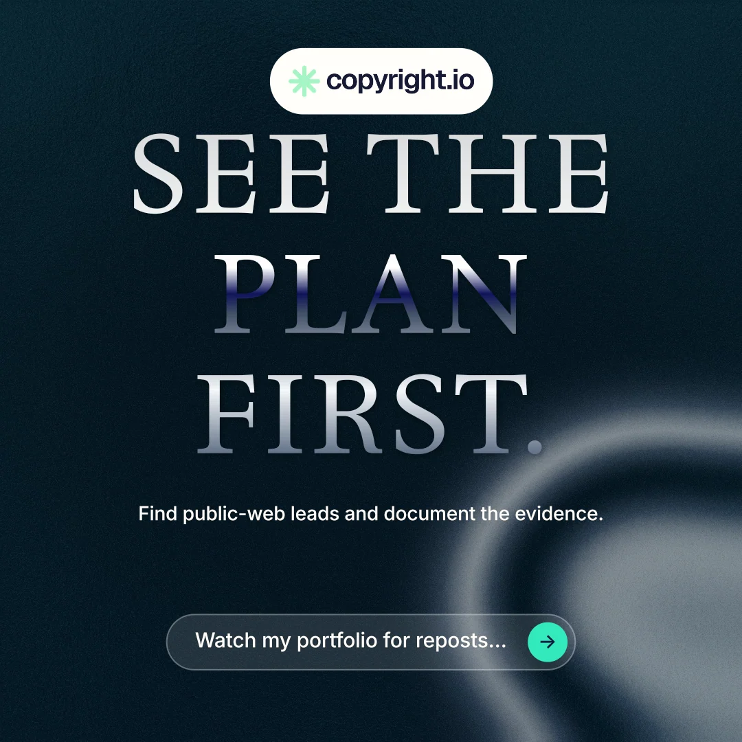 Instagram post for copyright.io: "See the plan first." Agentic glass style, centred layout, dark palette in black, blue, grey.