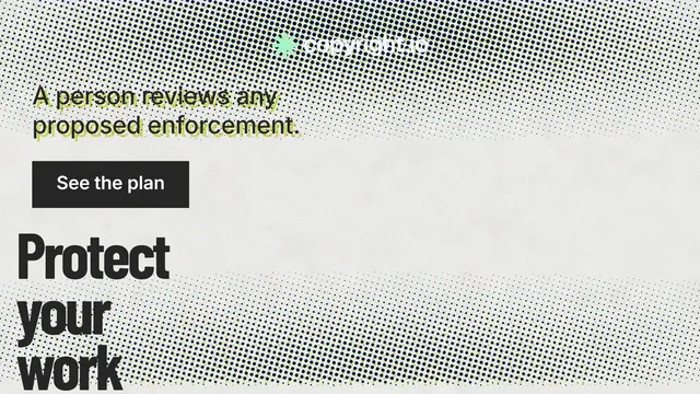 Landscape graphic for copyright.io: "Your content is being stolen." Retro print style, oversized layout, light palette in grey, white.