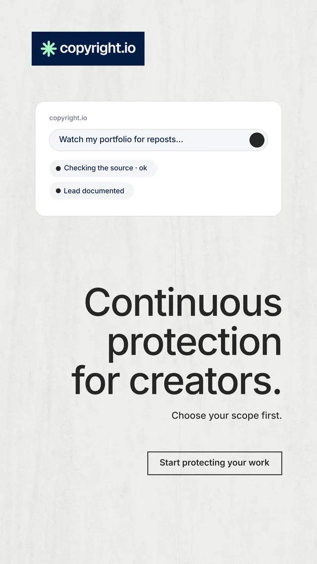 Instagram story for copyright.io: "Continuous protection for creators." Editorial style, right layout, light palette in white, grey.