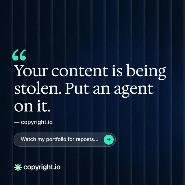 Instagram post for copyright.io: "Continuous protection for creators." Agentic glass style, quote layout, dark palette in black, blue, grey.