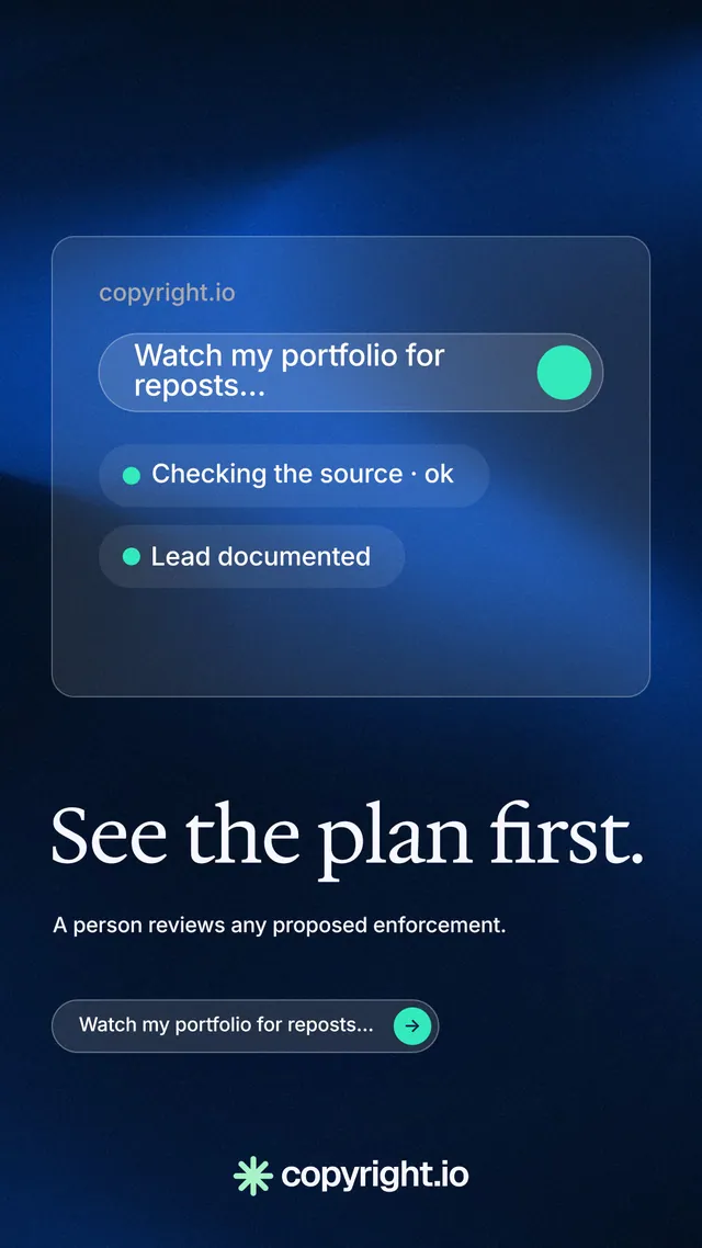 Instagram story for copyright.io: "See the plan first." Agentic glass style, bottom layout, dark palette in blue, black.