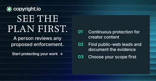 Social ad for copyright.io: "See the plan first." Minimal luxury style, skeleton layout, dark palette in blue, black.