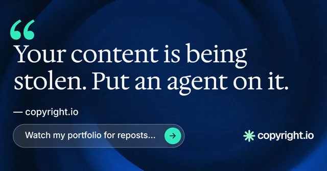 Social ad for copyright.io: "Evidence, documented." Agentic glass style, quote layout, dark palette in blue, black.