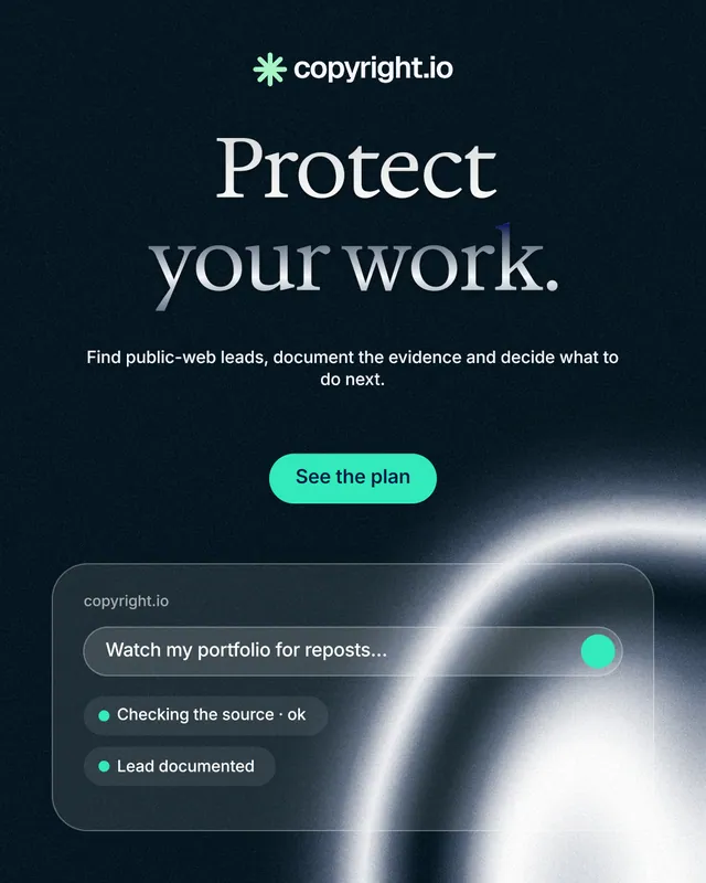 Instagram portrait post for copyright.io: "Protect your work." Y2K style, centred layout, dark palette in blue, black, grey.
