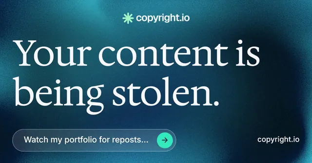 Social ad for copyright.io: "Your content is being stolen." Agentic glass style, poster layout, dark palette in blue, black, teal.