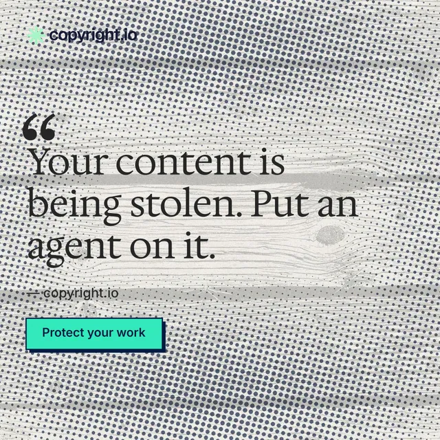 Instagram post for copyright.io: "Continuous protection for creators." Brutalist style, quote layout, light palette in grey, white.