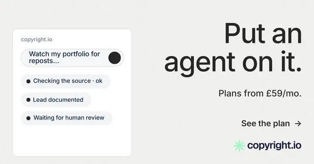 Social ad for copyright.io: "Put an agent on it." Minimal luxury style, right layout, light palette in white.