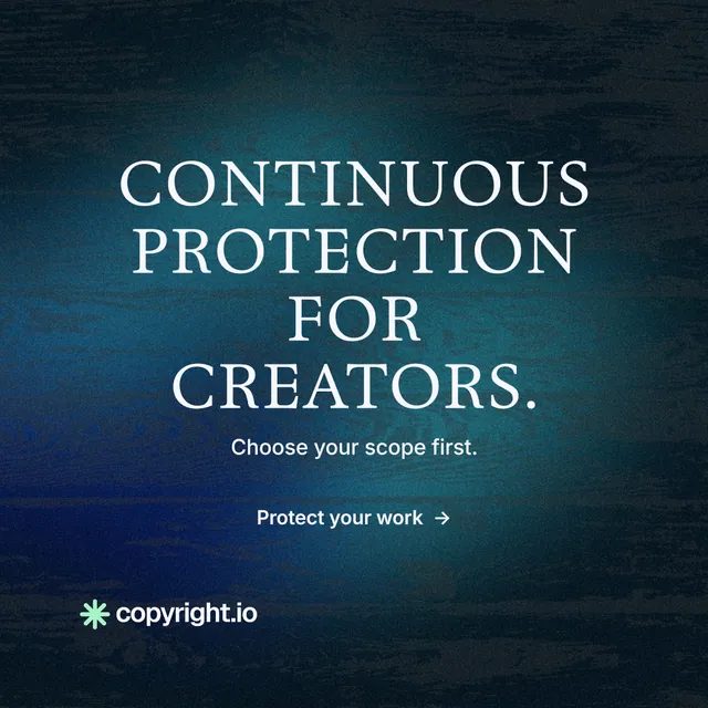 Instagram post for copyright.io: "Continuous protection for creators." Minimal luxury style, centred layout, dark palette in blue, black.