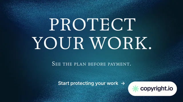 Landscape graphic for copyright.io: "Protect your work." Agentic glass style, smallcaps layout, dark palette in blue, black.